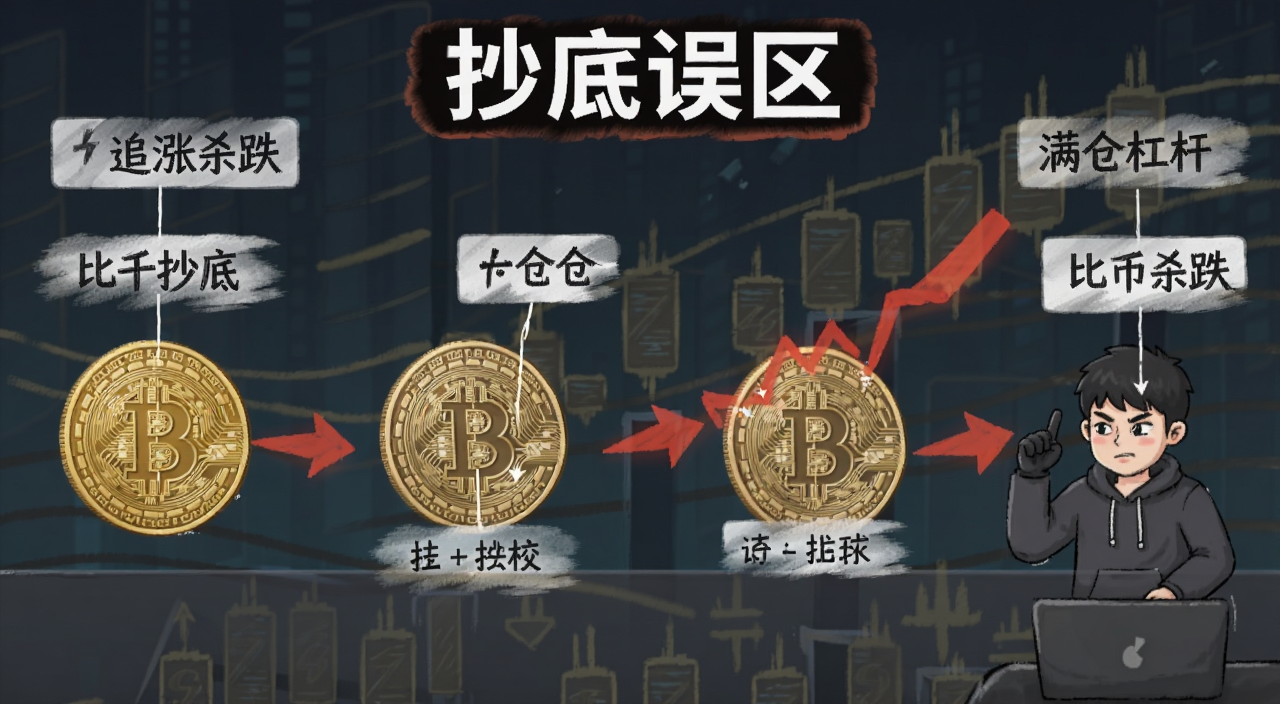 比特币抄底常见误区示意图,标注满仓杠杆追涨杀跌等错误操作,文字用“抄底误区”号来注明