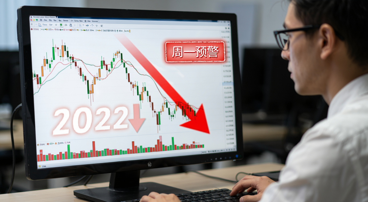 交易员警告周一将面临糟糕的表现 2026年行情走势图 电脑屏幕上K线剧烈波动 红色下跌箭头 文字标注“周一预警”
