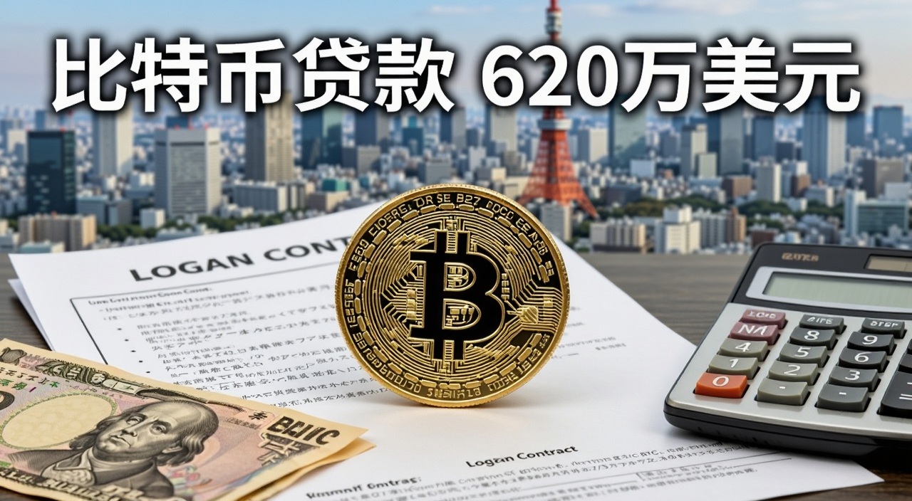 日本贷款机构推出比特币BTC支持贷款最高620万美元,画面中有一块显示比特币符号的金色硬币放在贷款合同文件上,旁边有日元钞票和计算器,背景是东京城市天际线,图片中文字标注“比特币贷款 620万美元”