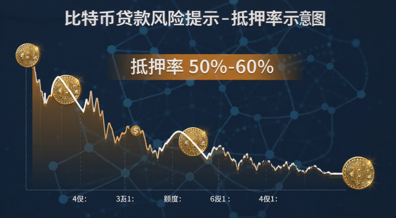 比特币贷款风险提示和抵押率示意图,画面中有比特币价格波动曲线和贷款额度标注,文字注明“抵押率 50%-60%”