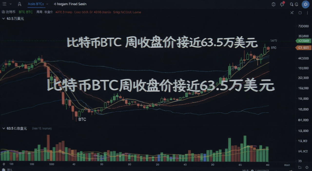 比特币BTC周收盘价接近63.5万美元的行情走势图,背景为深色交易界面,画面中央显示“比特币BTC周收盘价接近63.5万美元”字样,周围有K线图和成交量柱
