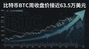 比特币BTC周收盘价接近63.5万美元的2026年周期展望图,画面包含“比特币BTC周收盘价接近63.5万美元”文字和未来趋势箭头
