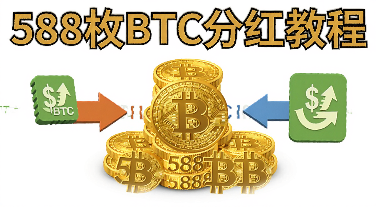 比特币BTC分红流程示意图,画面中央是588枚比特币金币堆叠,旁边有分红到账箭头,文字标注“588枚BTC分红教程”