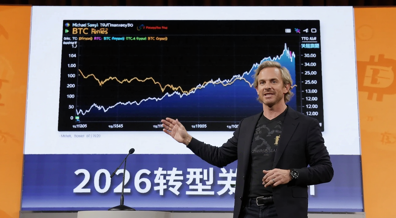 比特币投资者会议场景 Michael Saylor站在屏幕前讲解战略转型 屏幕上显示BTC价格走势图 下方文字标注“2026转型关键期”