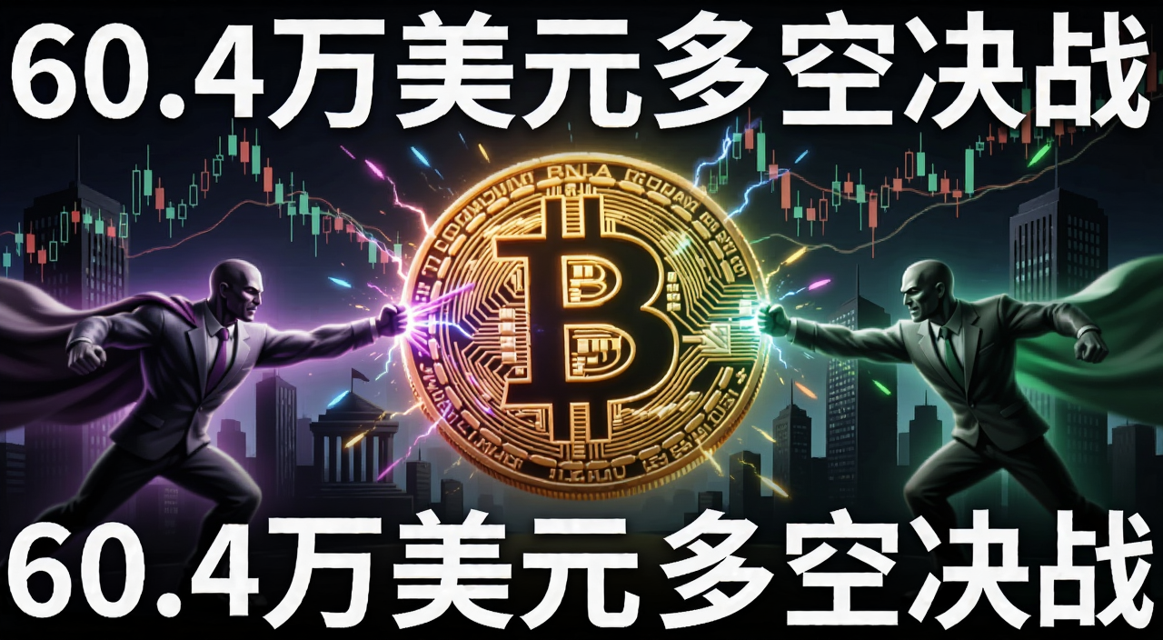 比特币60.4万美元多空决战主战场概念图,画面中央是巨大的比特币符号被多空两股力量拉扯,背景是K线图和机构大楼剪影,文字标注