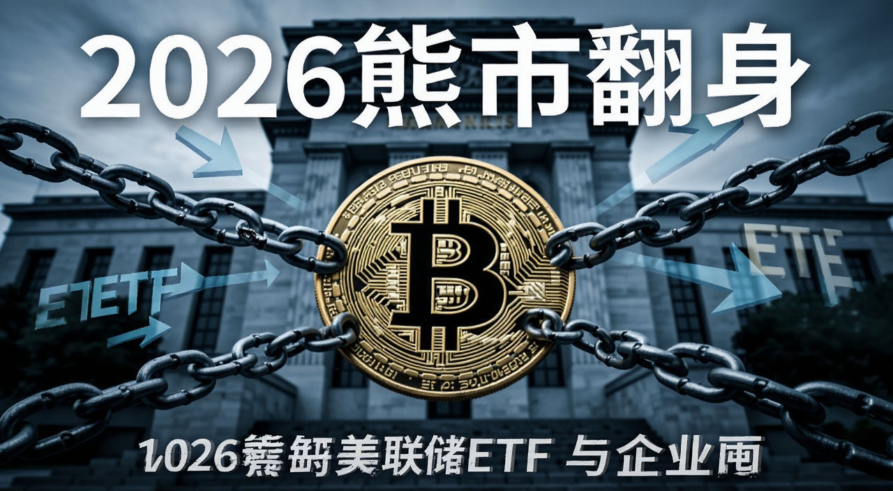 比特币熊市翻身关键看美联储ETF与企业囤币,画面中央一个比特币符号被三条锁链拉扯,背景是美联储大楼和ETF资金流向箭头,整体氛围偏冷色调,文字标注2026熊市翻身