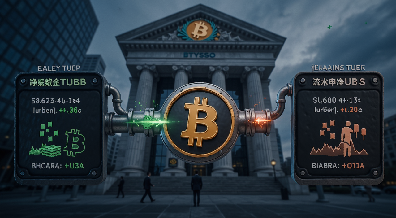 ETF资金流向 比特币熊市 机构申购赎回,画面是资金管道流入比特币图标,旁边有净流入净流出数字对比,背景是交易所大楼