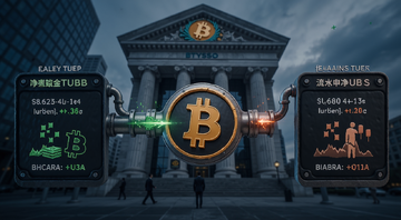 ETF资金流向 比特币熊市 机构申购赎回,画面是资金管道流入比特币图标,旁边有净流入净流出数字对比,背景是交易所大楼