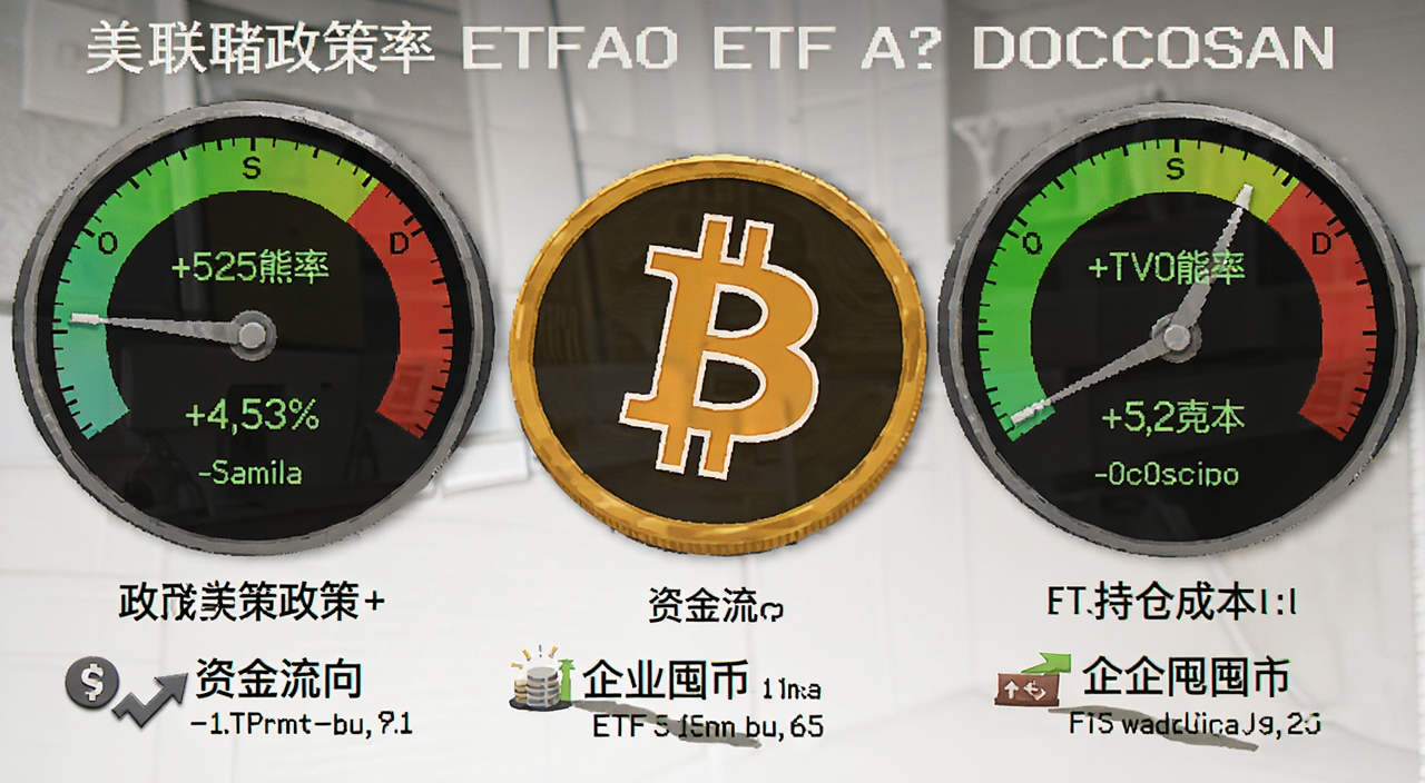 比特币熊市翻身对比 美联储政策 ETF资金 企业囤币,画面是三个仪表盘分别显示政策利率资金流向和持仓成本,中间一个比特币问号