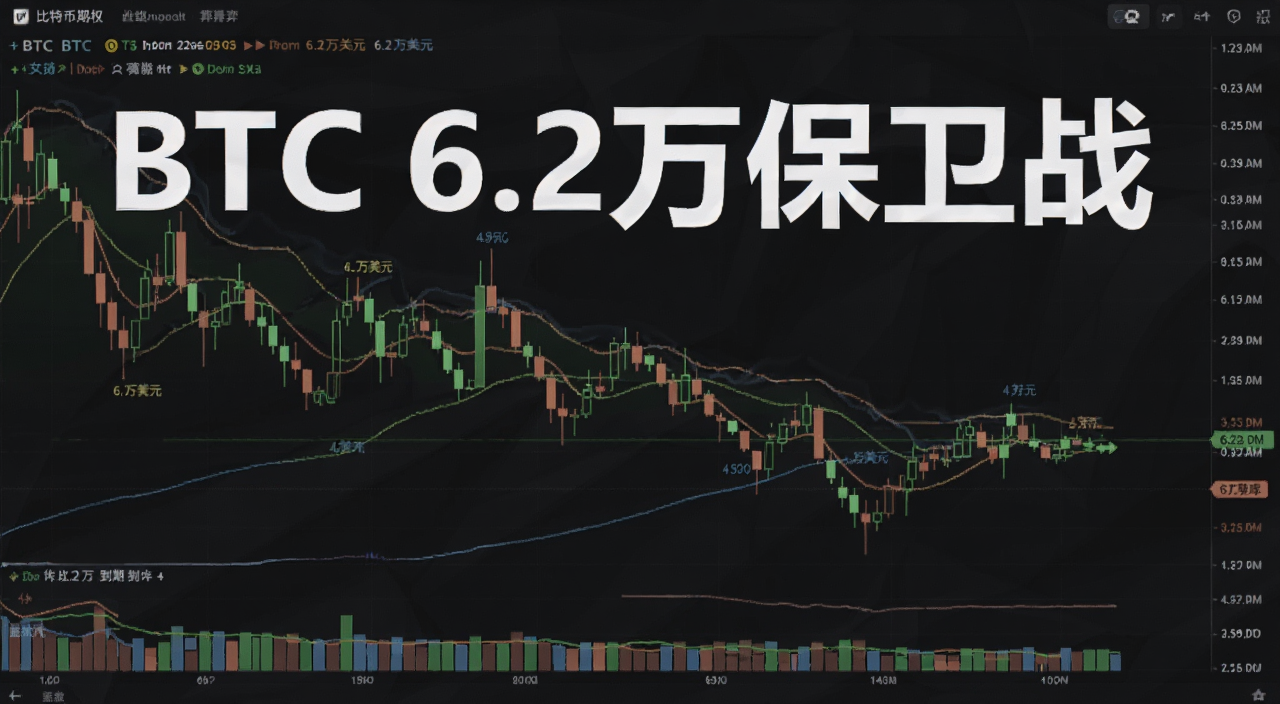 比特币期权到期 6.2万美元关口 多空博弈 K线图,文字注明“BTC 6.2万保卫战”
