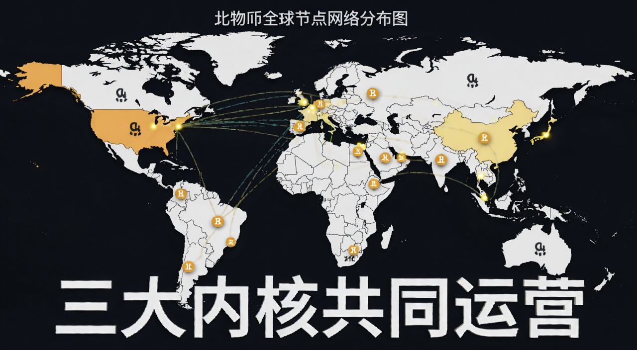 比特币全球节点分布图,展示去中心化网络,文字标注“三大内核共同运营”