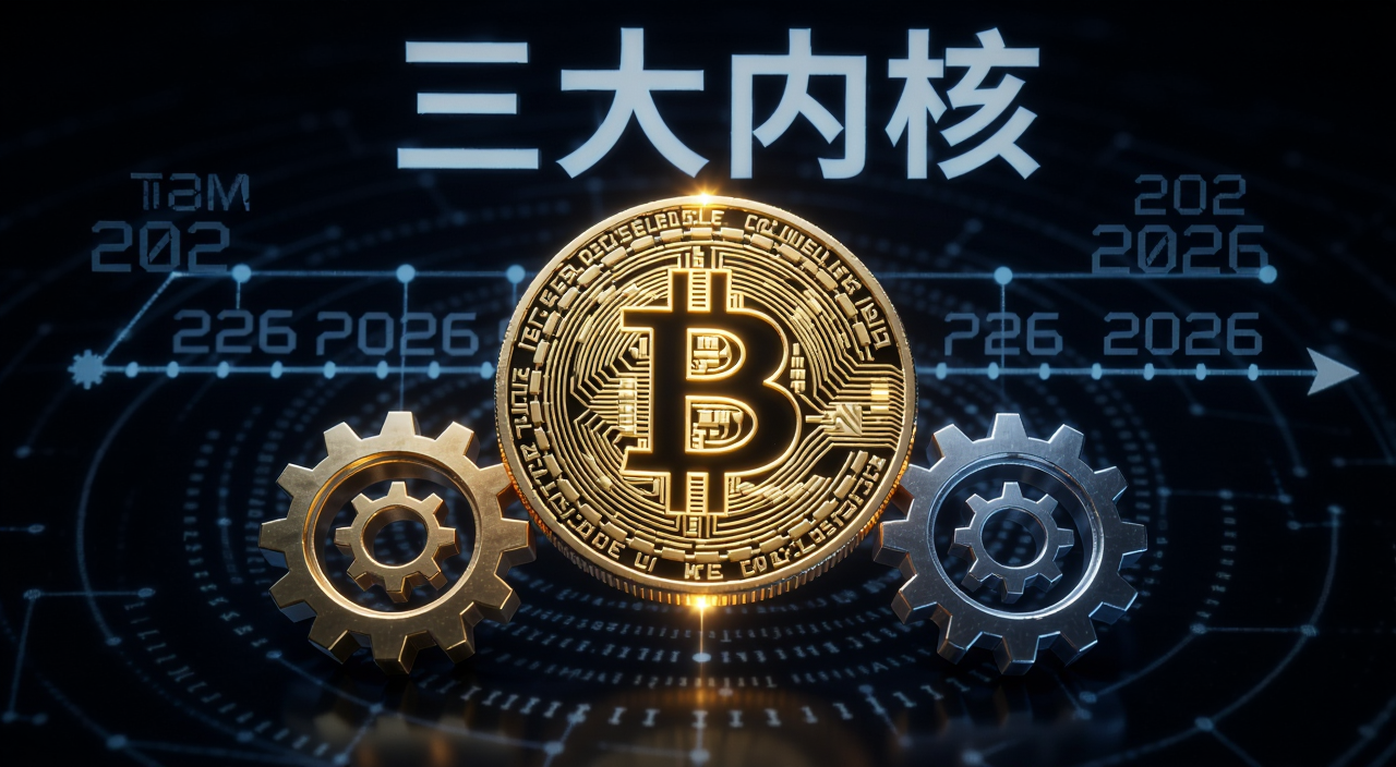 比特币三大内核掌控未来,画面中央是发光的比特币符号,周围环绕三个齿轮代表内核,背景是2026年时间轴,文字标注“三大内核”