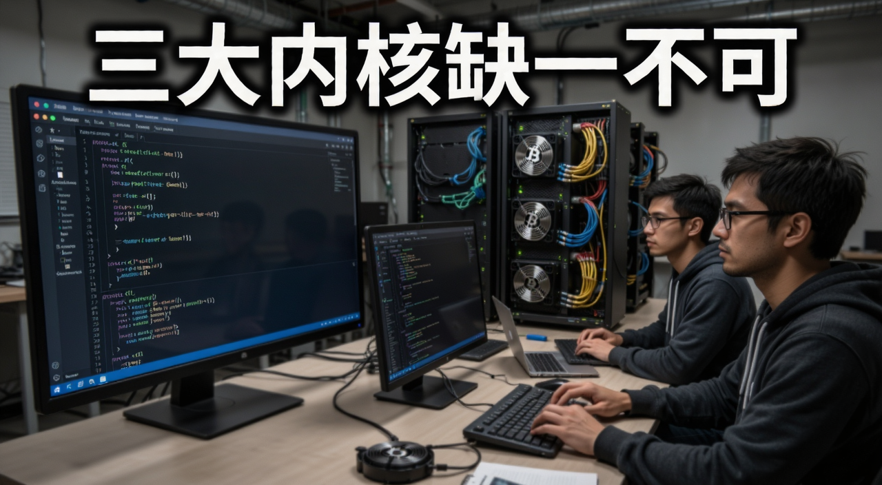比特币开发者与矿工社区,展示代码界面和矿机,文字标注“三大内核缺一不可”