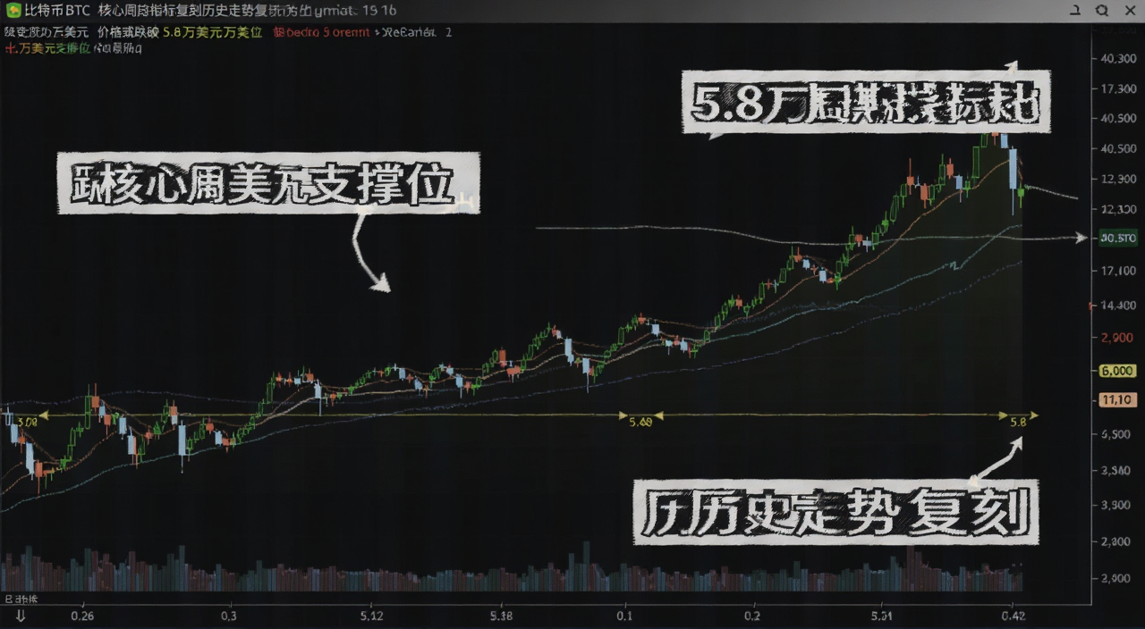 比特币BTC核心周期指标复刻历史走势价格或跌破5.8万美元关键支撑位示意图,图中标注文字“5.8万美元支撑位”“核心周期指标”“历史走势复刻”