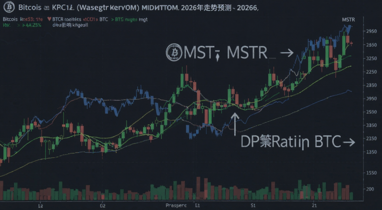 比特币与美股K线联动示意图,图中文字标注MSTR股价和BTC影响关键词,2026年走势预测