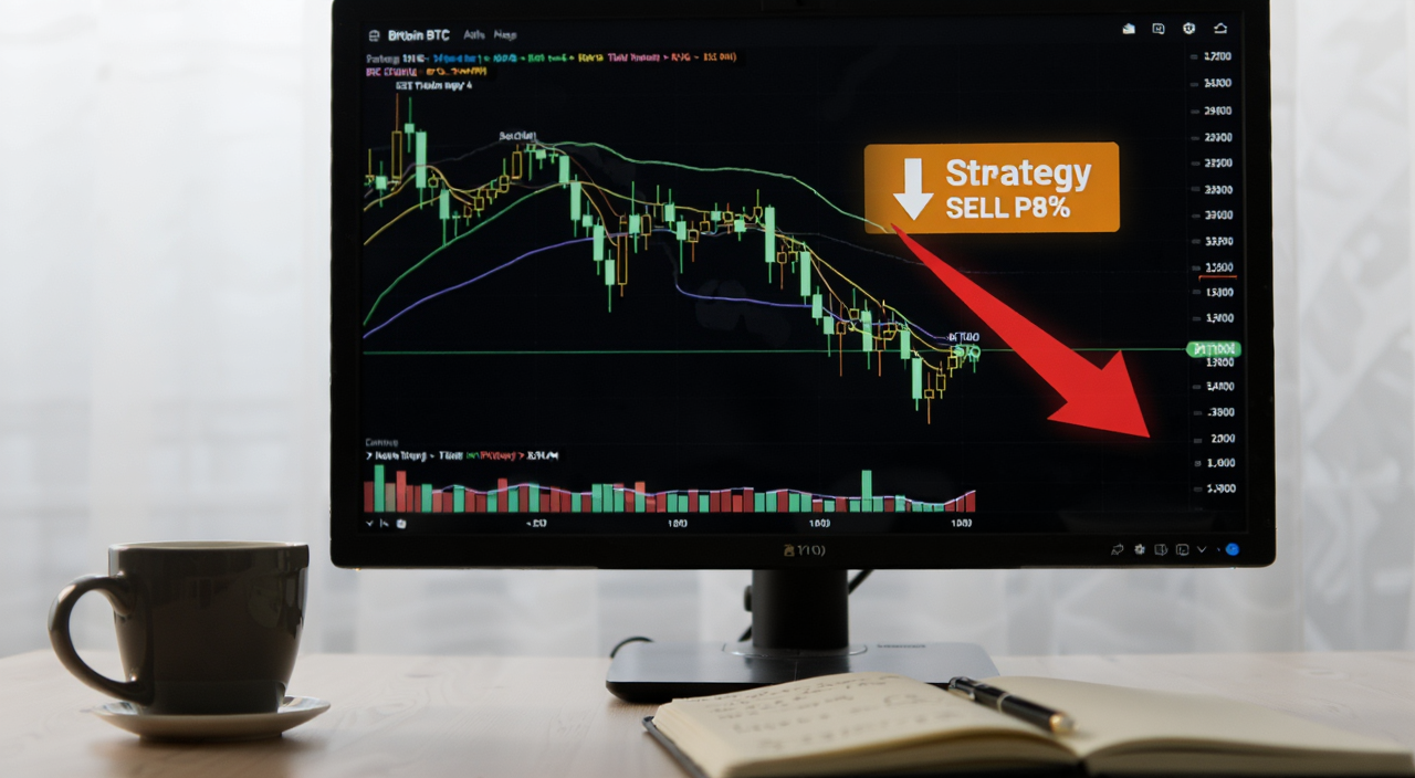 比特币BTC价格暴跌4%后K线图分析,屏幕上有Strategy卖出标记和红色下跌箭头,旁边有咖啡杯和笔记本