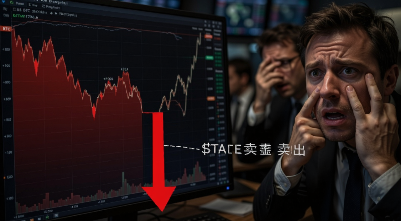 比特币BTC价格暴跌走势图,红色大阴线往下砸,旁边标注Strategy卖出字样,背景是交易屏幕和焦虑的投资者