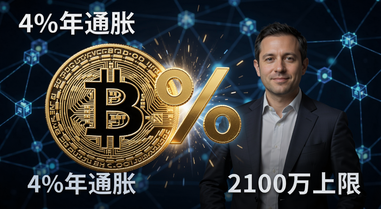 StarkWare首席执行官建议以4%的年比特币(BTC)通胀来取代2100万的上限,画面主体是比特币金色硬币与百分比符号%的碰撞,背景是区块链网络节点,风格偏科技写实,文字标注“4%年通胀”和“2100万上限”