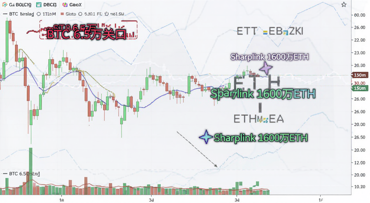 比特币K线图与ETH机构买入标注,图中文字注明“BTC 6.5万关口”和“Sharplink 1600万ETH”