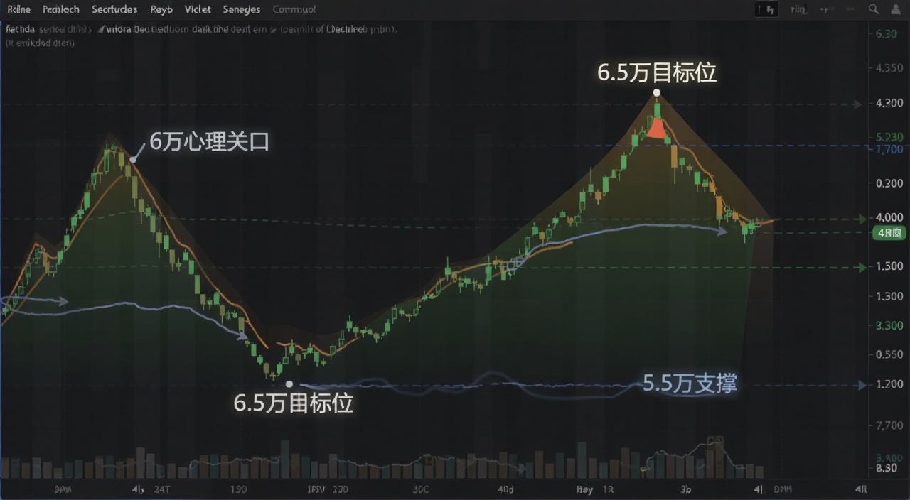 比特币关键点位标注图,图中文字注明“6万心理关口”“6.5万目标位”“5.5万支撑”