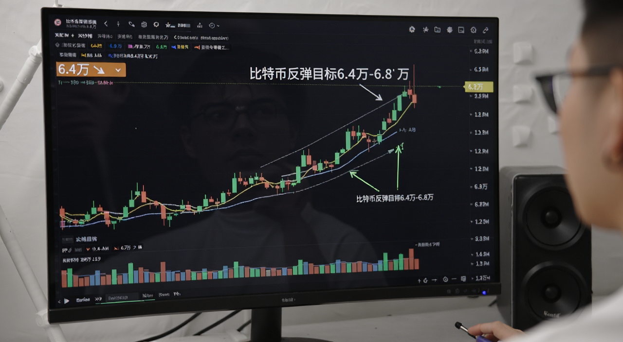 比特币K线图走势分析,屏幕显示6.4万和6.8万关键价位,数字货币行情界面,分析师标注反弹目标位,文字注明“比特币反弹目标6.4万-6.8万”