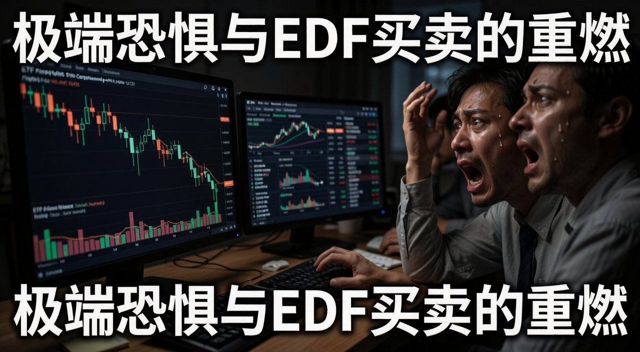 极端恐惧行情下ETF买卖重燃的散户操作场景,画面中有下跌K线、ETF交易界面、情绪恐慌的投资者,文字标注“极端恐惧与ETF买卖的重燃”