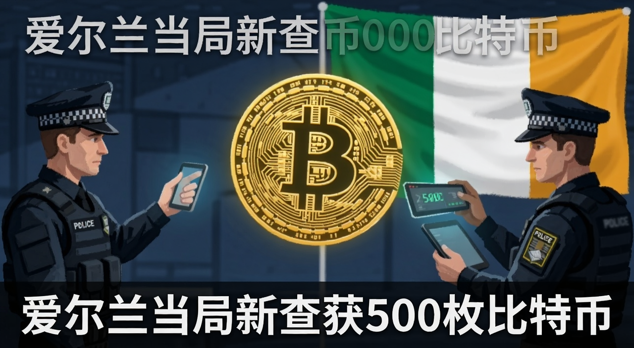 爱尔兰警方查获比特币现场示意图,画面中有比特币标志和爱尔兰国旗元素,配文“爱尔兰当局新查获500枚比特币”