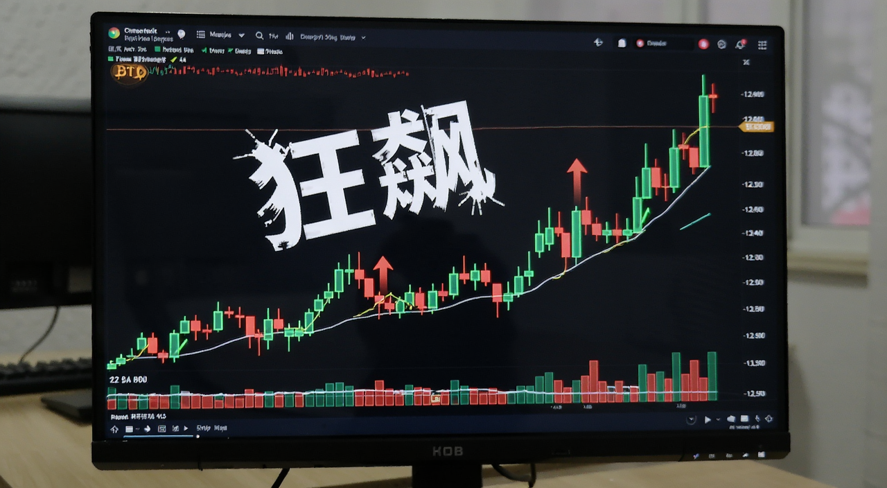 比特币与以太坊携手狂飙 行情走势图 电脑屏幕上显示比特币和以太坊K线图同步上涨 红色绿色蜡烛图 数字货币交易界面 文字标注“狂飙”