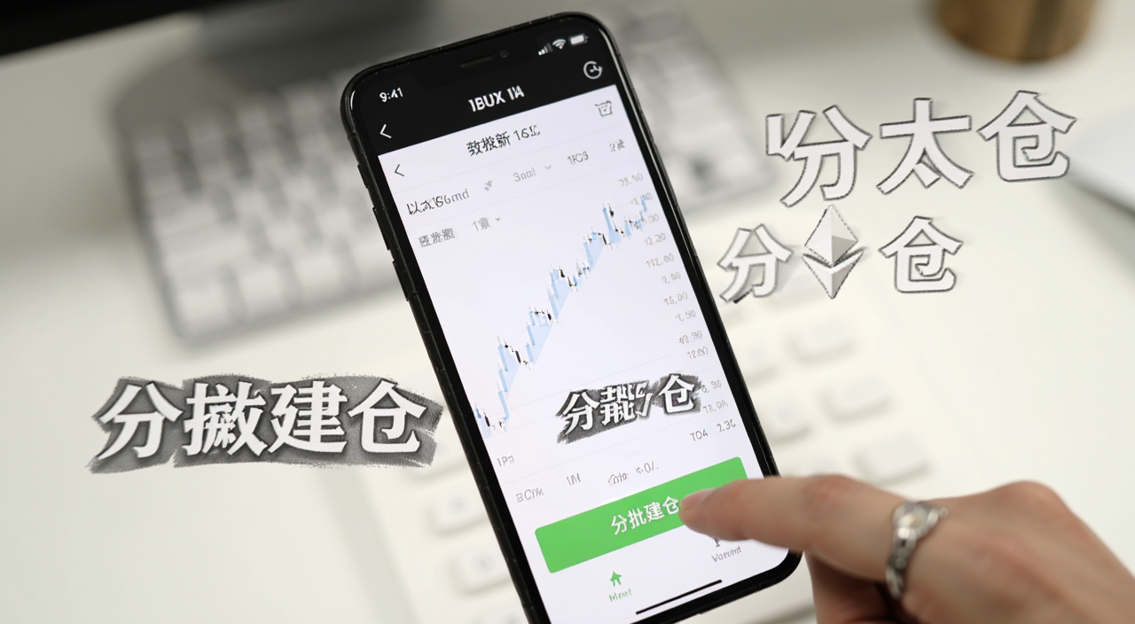 比特币与以太坊携手狂飙 新手教程 手机屏幕显示交易界面 手指点击买入按钮 文字标注“分批建仓”