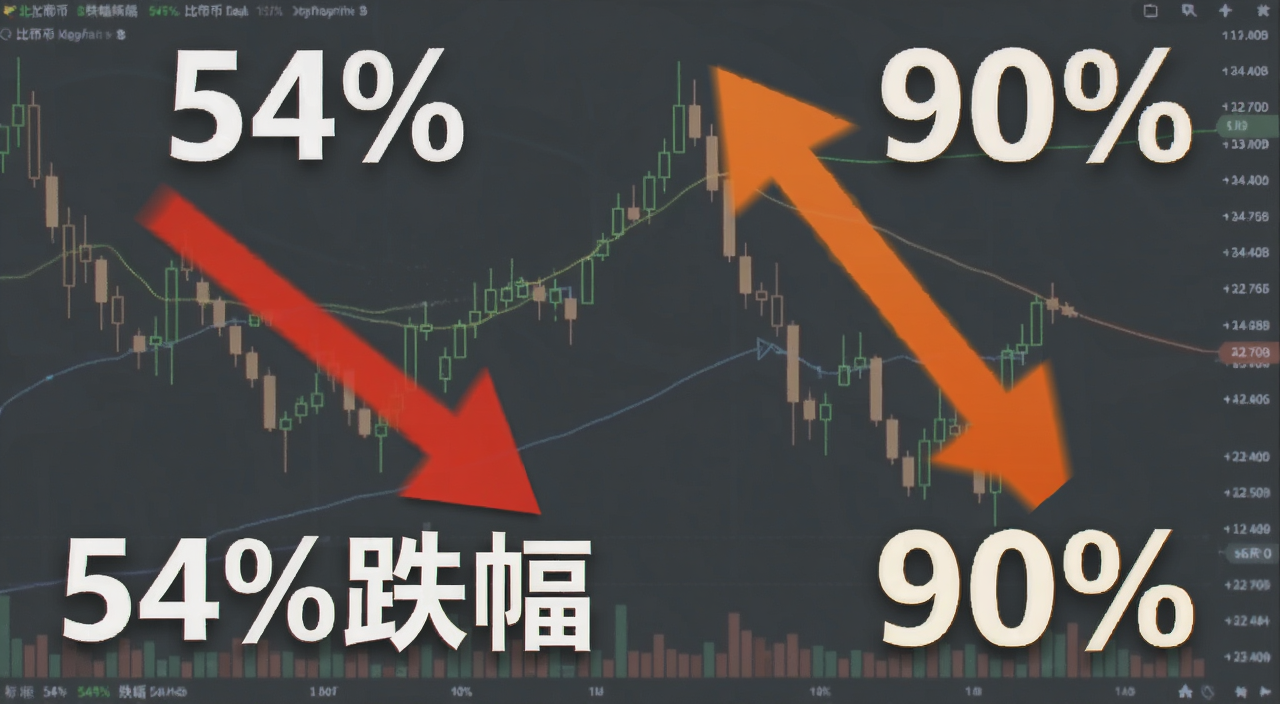 比特币价格走势对比图,左边标注54%跌幅,右边标注90%跌幅,用箭头和数字突出对比,背景是简单的K线图,文字注明“54%”和“90%”
