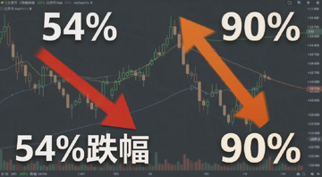 比特币价格走势对比图,左边标注54%跌幅,右边标注90%跌幅,用箭头和数字突出对比,背景是简单的K线图,文字注明“54%”和“90%”