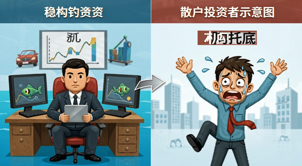 机构投资者和散户投资者对比示意图,一边是稳坐钓鱼台的机构,一边是慌张的散户,文字注明“机构托底”