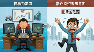 机构投资者和散户投资者对比示意图,一边是稳坐钓鱼台的机构,一边是慌张的散户,文字注明“机构托底”