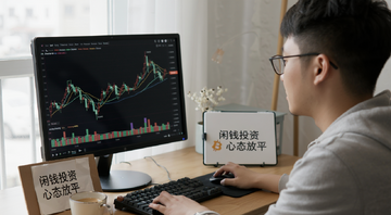 一个人淡定看比特币K线图,旁边放着咖啡,文字注明“闲钱投资 心态放平”