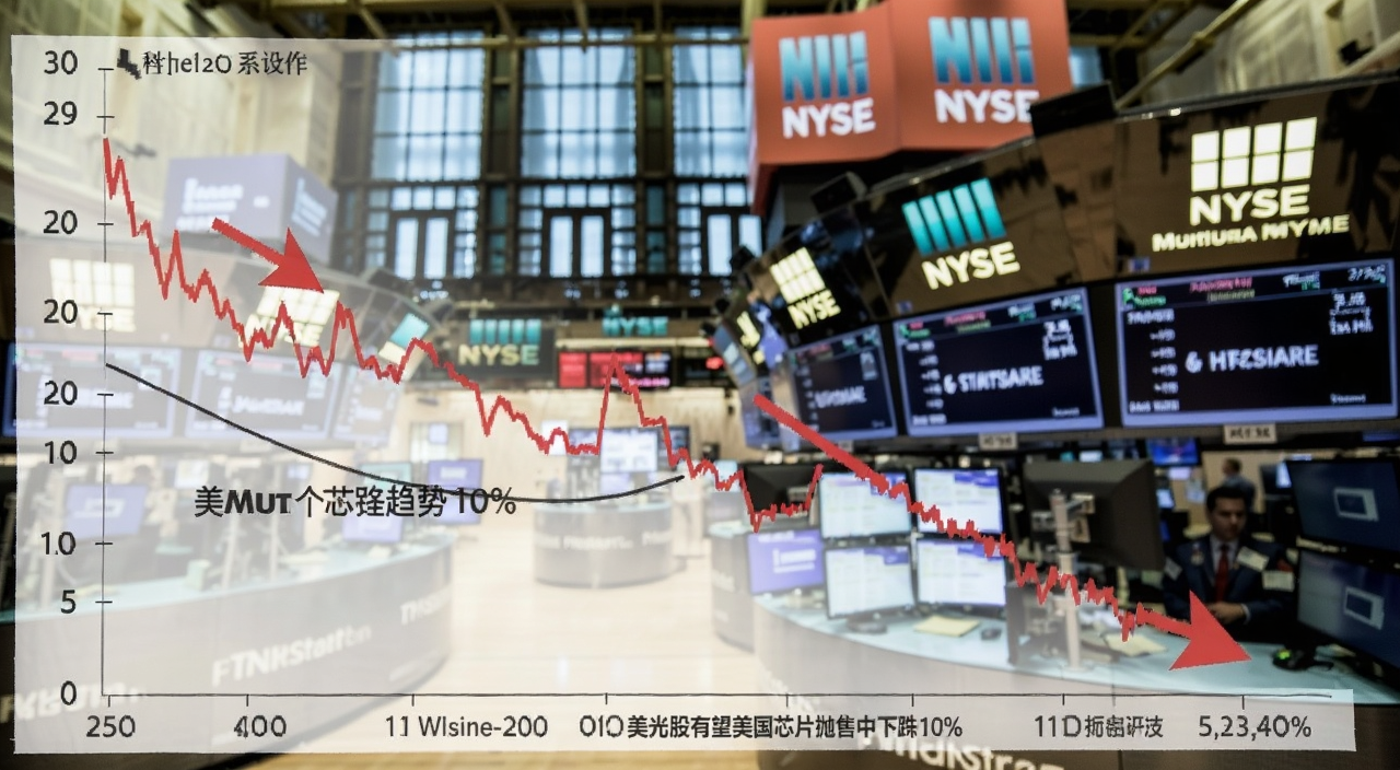 美光科技股价下跌趋势图,图中标注美光股有望在美国芯片抛售中下跌10%的文字说明,背景是纽约证券交易所大厅的电子屏