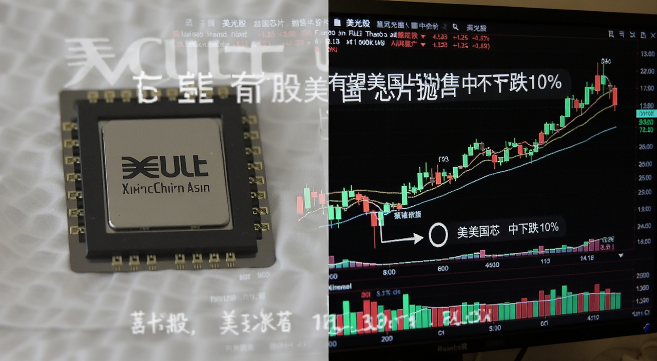 美光芯片产品实物图与股价K线图对比,标注美光股有望在美国芯片抛售中下跌10%的文字,展示存储芯片和股市屏幕