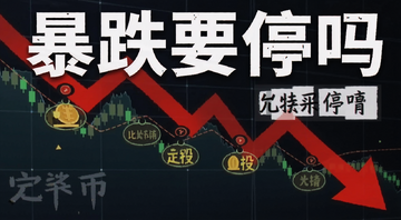 比特币定投暴跌行情走势示意图,画面中有向下红色箭头和定投买入节点标记,配文字“暴跌要停吗”