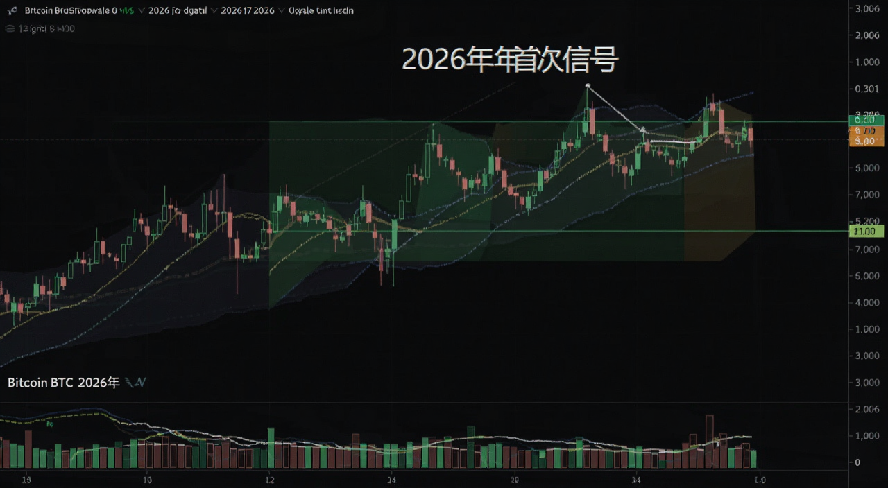 比特币BTC2026年周线K线图与供应指标叠加显示,图中标注关键支撑位和买入信号区域,文字注明“2026年首次信号”