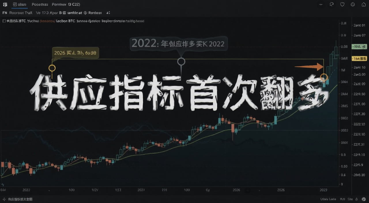 比特币BTC供应指标走势图,图表上标注2022年底和2026年买入信号点,背景为深色交易界面,文字注明“供应指标首次翻多”