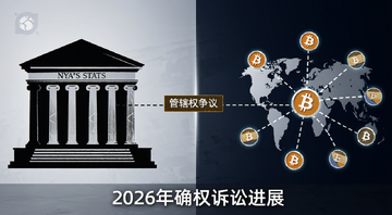 比特币钱包安全与法律管辖权示意图,画面左侧是纽约州法院大楼剪影,右侧是分散在全球的比特币钱包节点,中间用虚线连接并标注“管辖权争议”,底部文字“2026年确权诉讼进展”