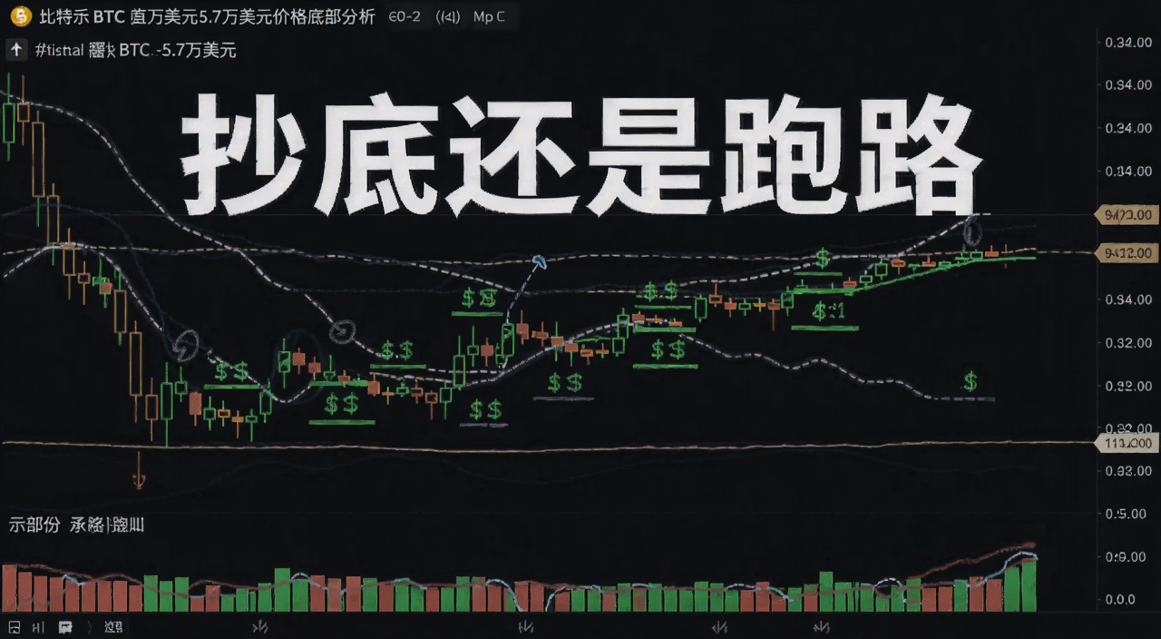 比特币BTC5.7万美元价格底部分析示意图,画面中带有