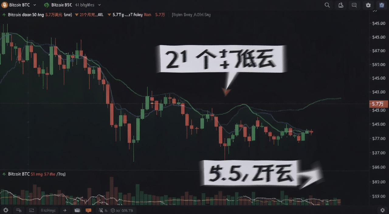 比特币BTC价格暴跌至5.7万美元的K线走势图,画面中带有