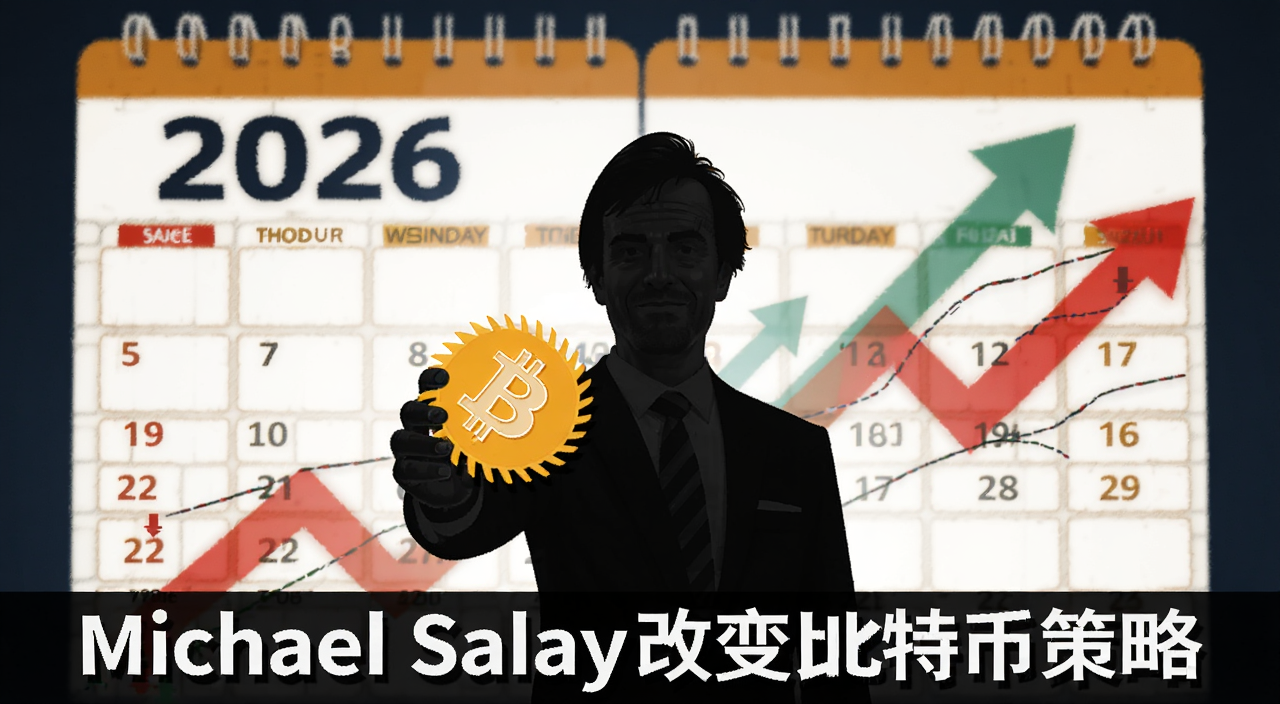 比特币策略转变概念图,画面中央是Michael Saylor剪影手持比特币标志,背景是2026年日历和涨跌箭头,图片下方用文字标注Michael Saylor改变比特币策略