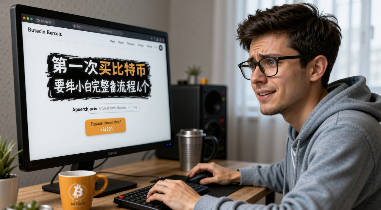 一个年轻人坐在电脑前看着比特币购买页面有点迷茫但充满期待的画面,屏幕上写着第一次买比特币要准备什么?纯小白完整流程几个字,第一次买比特币