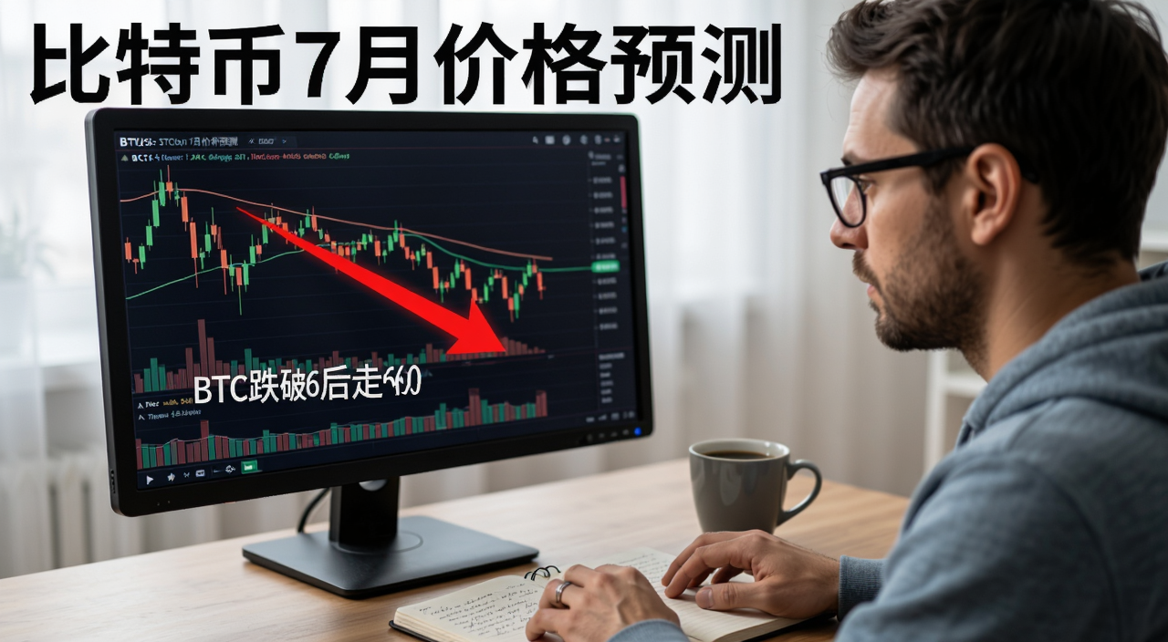 ���ر�7�¼۸�Ԥ�⣺BTC����60�����Ʒ���,������һλ��ͨͶ���߶��ŵ�����Ļ�ϵı��ر�K��ͼ,��Ļ����ʾBTC�۸����60�վ��ߵĺ�ɫ��ͷ,�Ա߷���һ�����ȺͱʼǱ�,�����Χ�侲����,ͼ��������