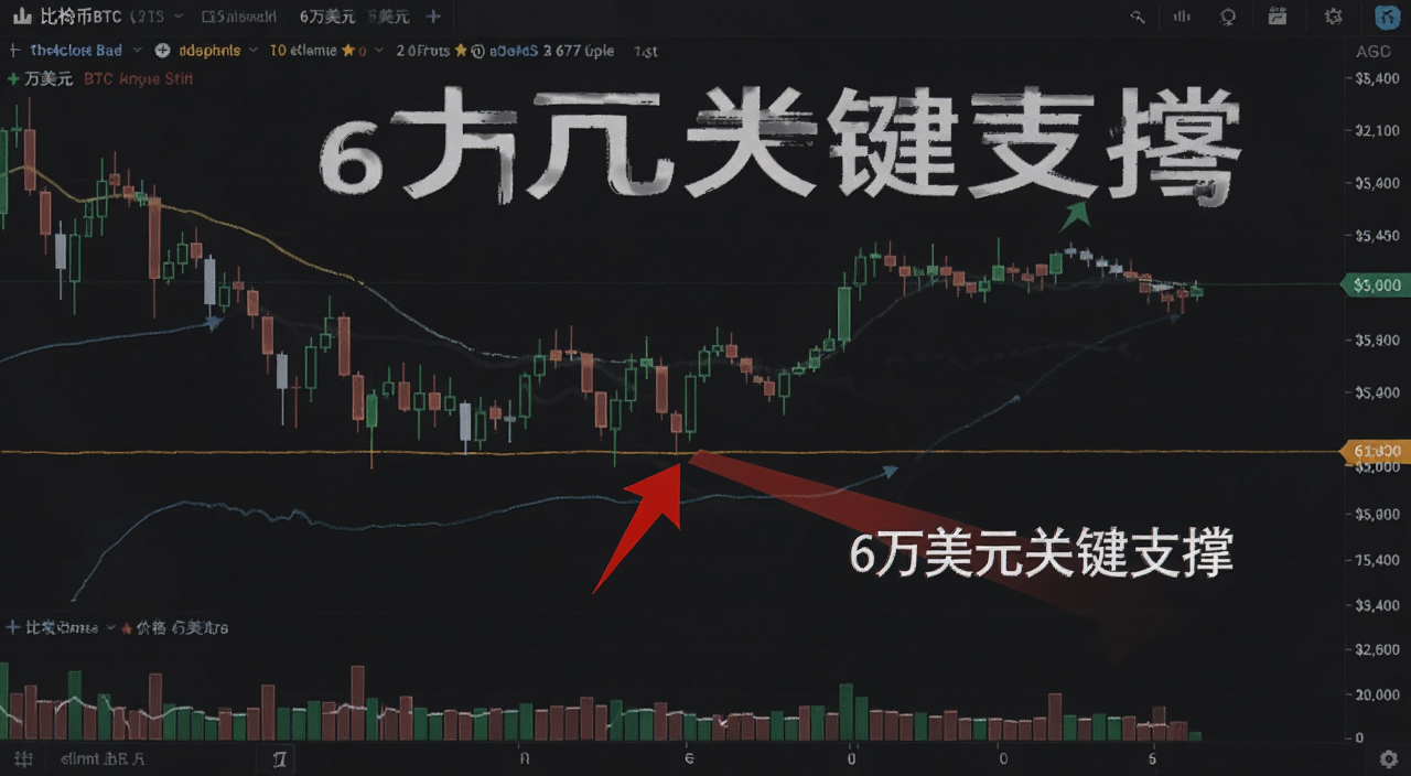 比特币BTC价格回落至6万美元的K线走势图,图中用红色箭头标注6万美元支撑位,背景是深色交易界面,文字注明“6万美元关键支撑”
