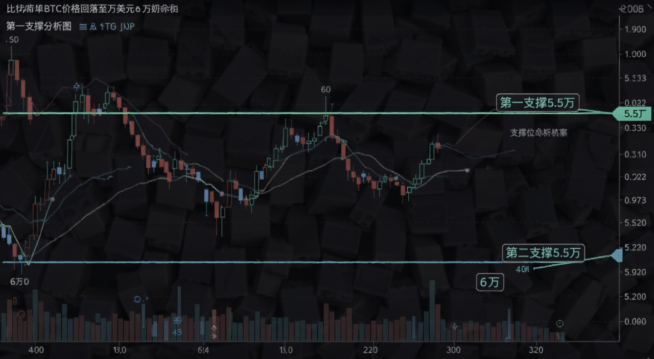 比特币BTC价格回落至6万美元 支撑位分析图,图中画出6万和5.5万两条水平线,文字标注“第一支撑6万”“第二支撑5.5万”