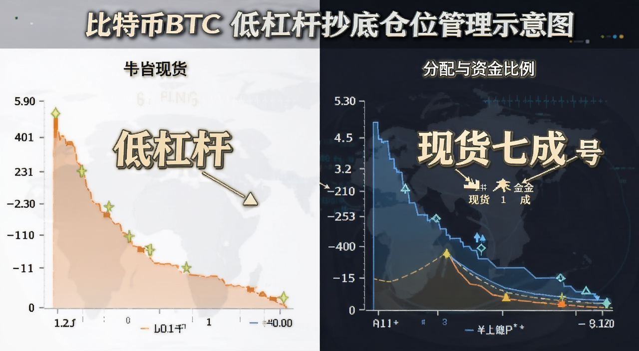 比特币BTC低杠杆抄底仓位管理示意图,展示现货与合约资金分配比例,文字用“低杠杆”“现货七成”号来注明