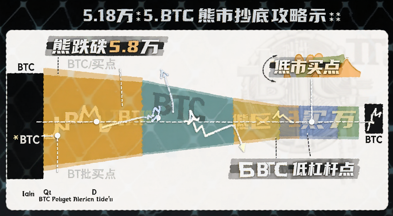 比特币BTC跌破5.8万熊市抄底攻略示意图,图中标注关键价格区间和分批买入点,文字用“BTC跌破5.8万”“熊市买点”“低杠杆”号来注明