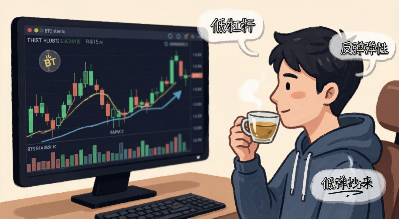 比特币BTC熊市抄底心态管理插图,一个人看着K线图淡定喝茶,文字用“低杠杆”“反弹弹性”号来注明